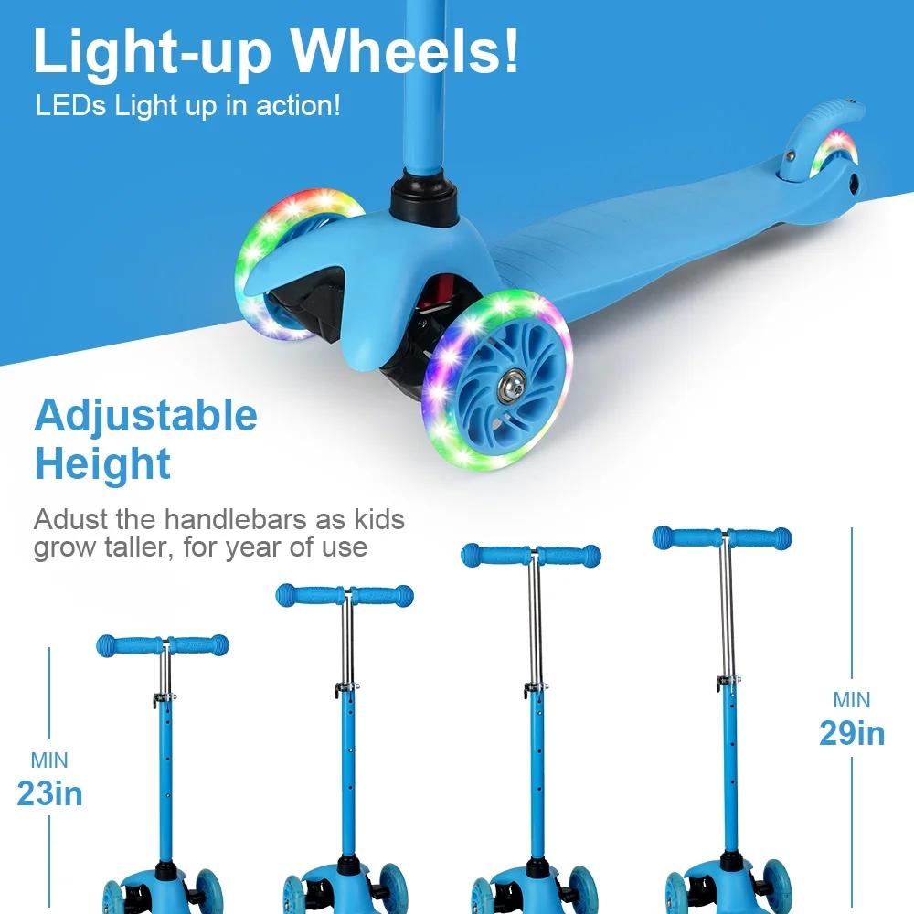 Kids Scooter Kick Scooter 3 Wheel Adjustable Height Light up LED Wheels Ages 3-12 Blue